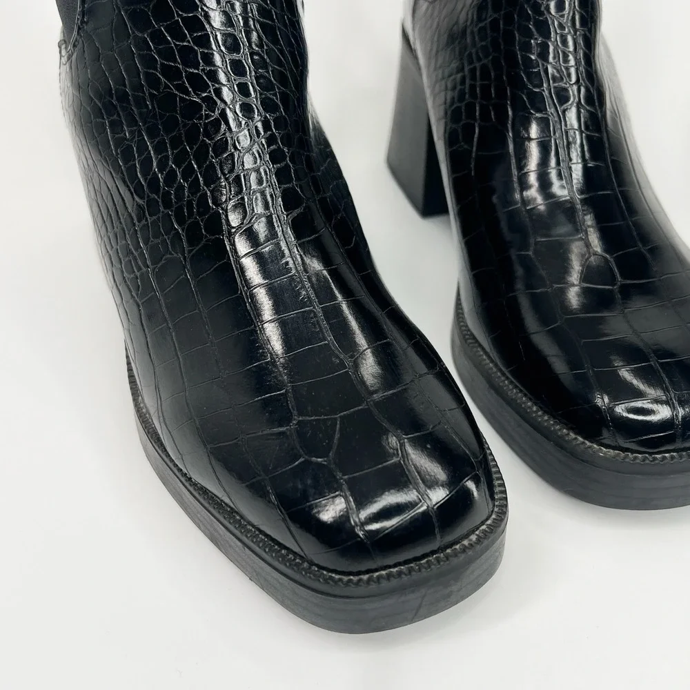 NASTY GAL Croc Square Toe Heeled Black Ankle Boots 8